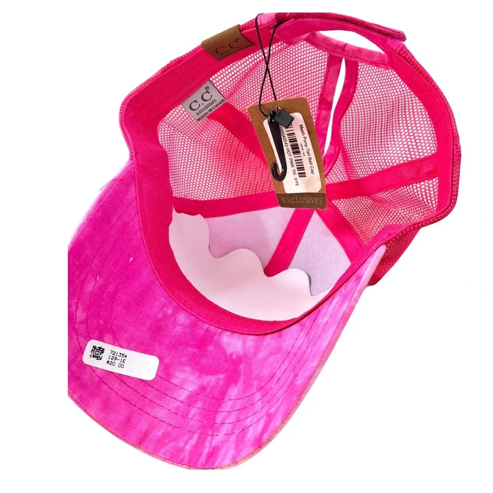 C.C Exclusives Hot Pink Tie Dye Ponytail Mesh Trucker Hat Ball Cap Adjustable